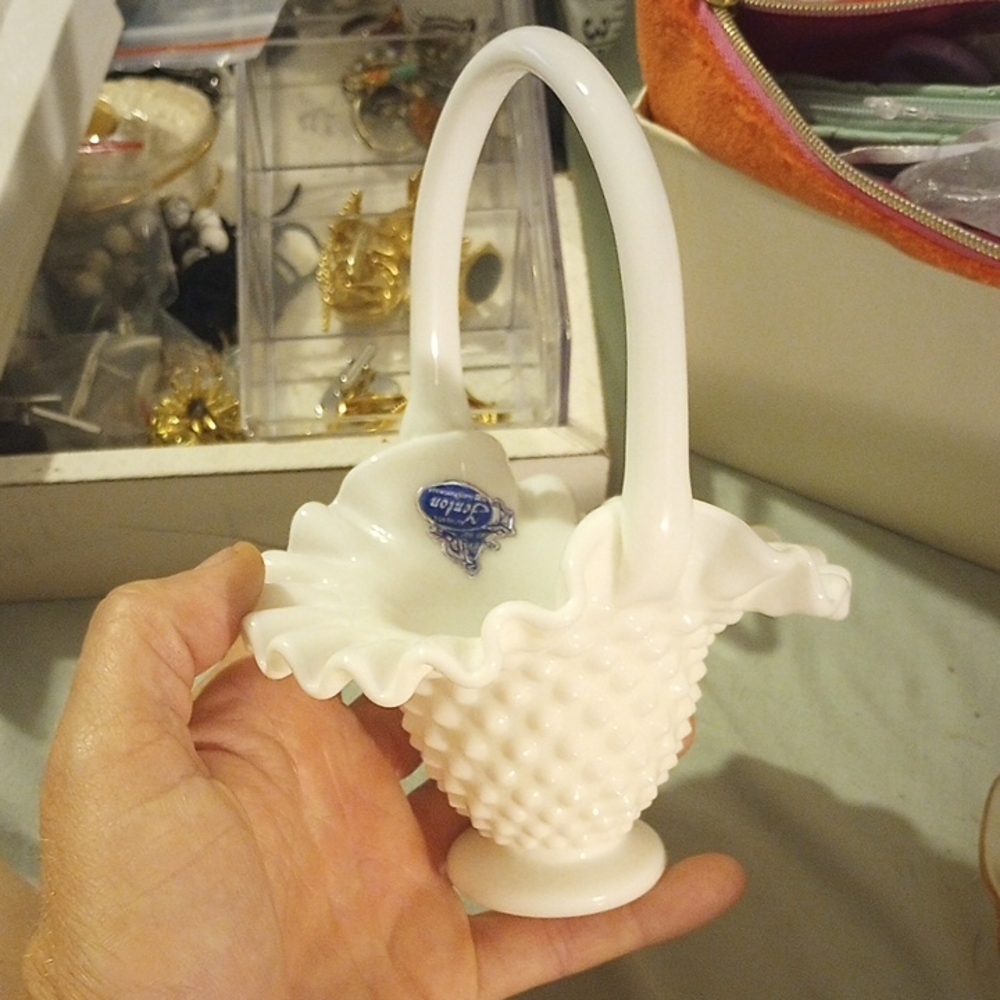 White Hobnail Fenton Milk Glass Basket